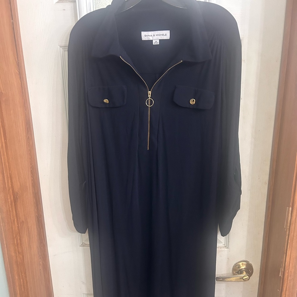 Emma & Michele Navy Long-Sleeve Zip-Front Shirt Dress with Gold Hardware